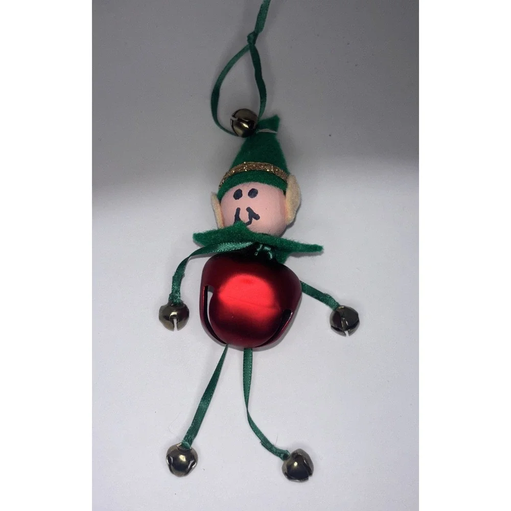Vintage Christmas Pixie Elf Jingle Bell Ornament Wood Head Felt Hat Kitschy 6